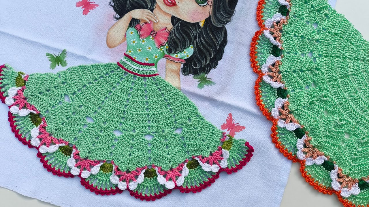 SAIA DE CROCHÊ PARA BONECA PINTADA NO PANO DE PRATO FÁCIL