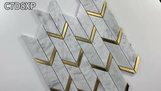Carrara White Marble Parallelogram Chevron Mosaic Tile w/ Gold Brass Arrow Polished - C7D8XP