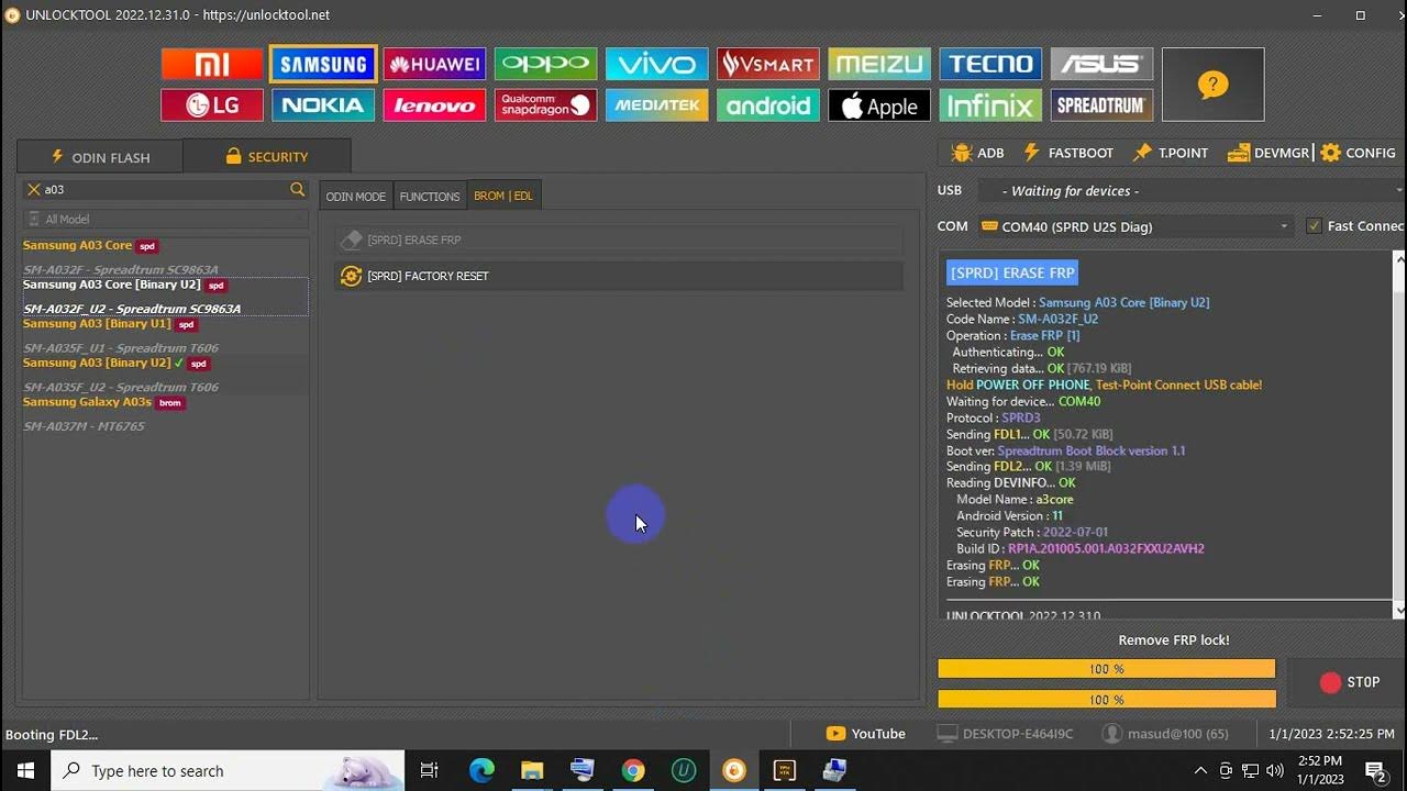sm a03 core frp remove unlock tool test point u2 YouTube