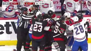 Huge Scrum Between Ottawa Senators And Montreal Canadiens After Huge Hit From Kaiden Guhle