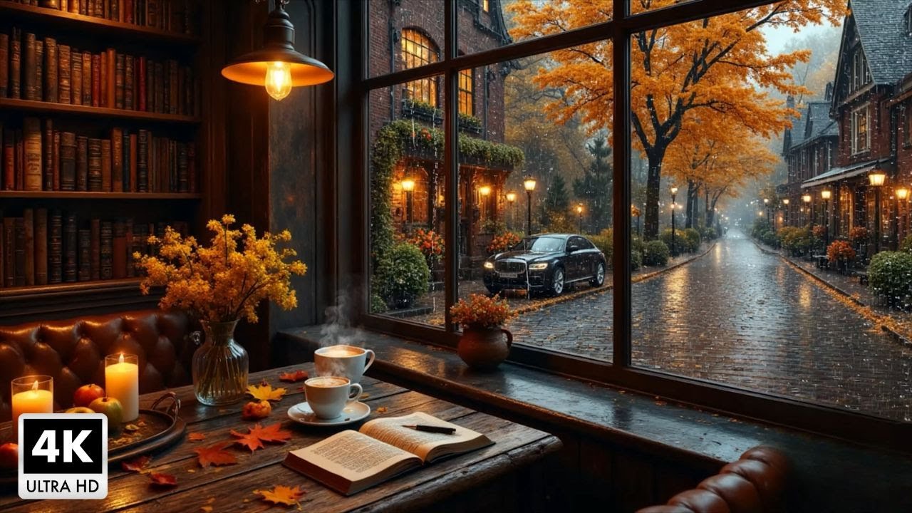Тихая осенняя кофейня под дождём 🍂 Расслабляющая джазовая музыка и шум дождя для учёбы и работы №3