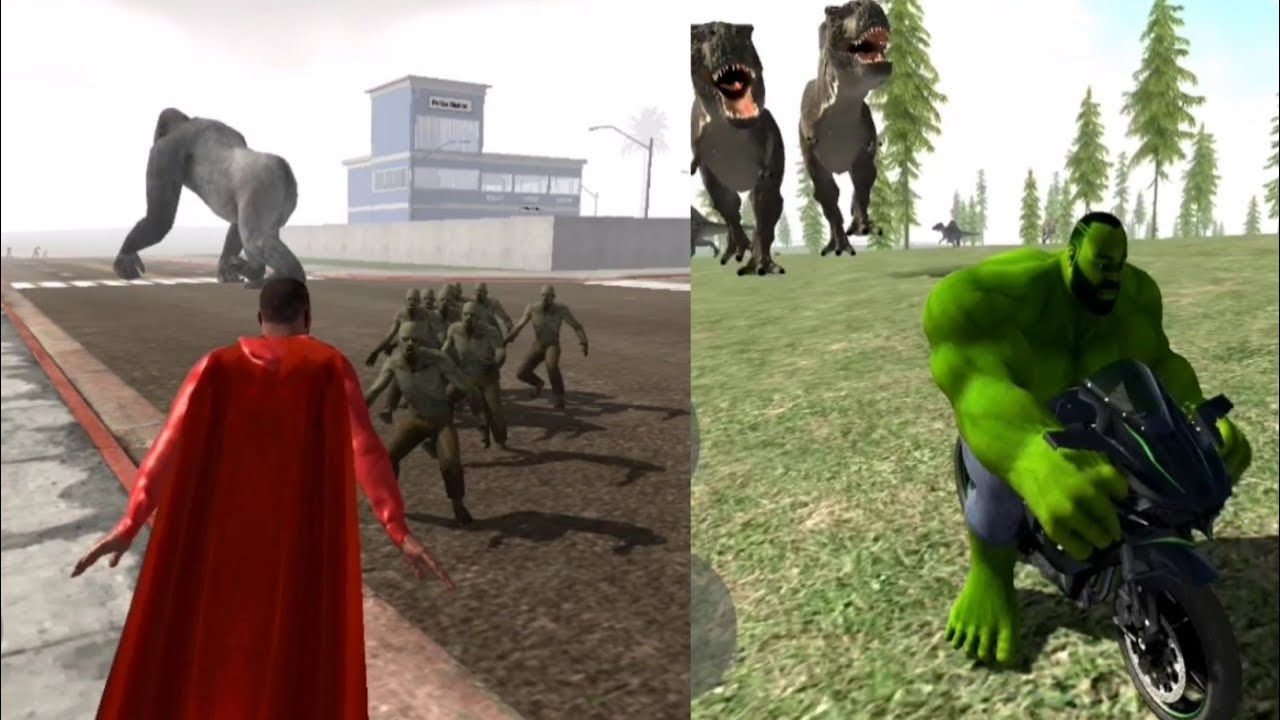 Hulk And Superman Fight | Indian Bikes Driving 3D | Zombies + Dinosaurs Jurassic Park