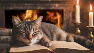 Purring Cat and Crackling Fireplace with Rain Sounds for Deep Sleep