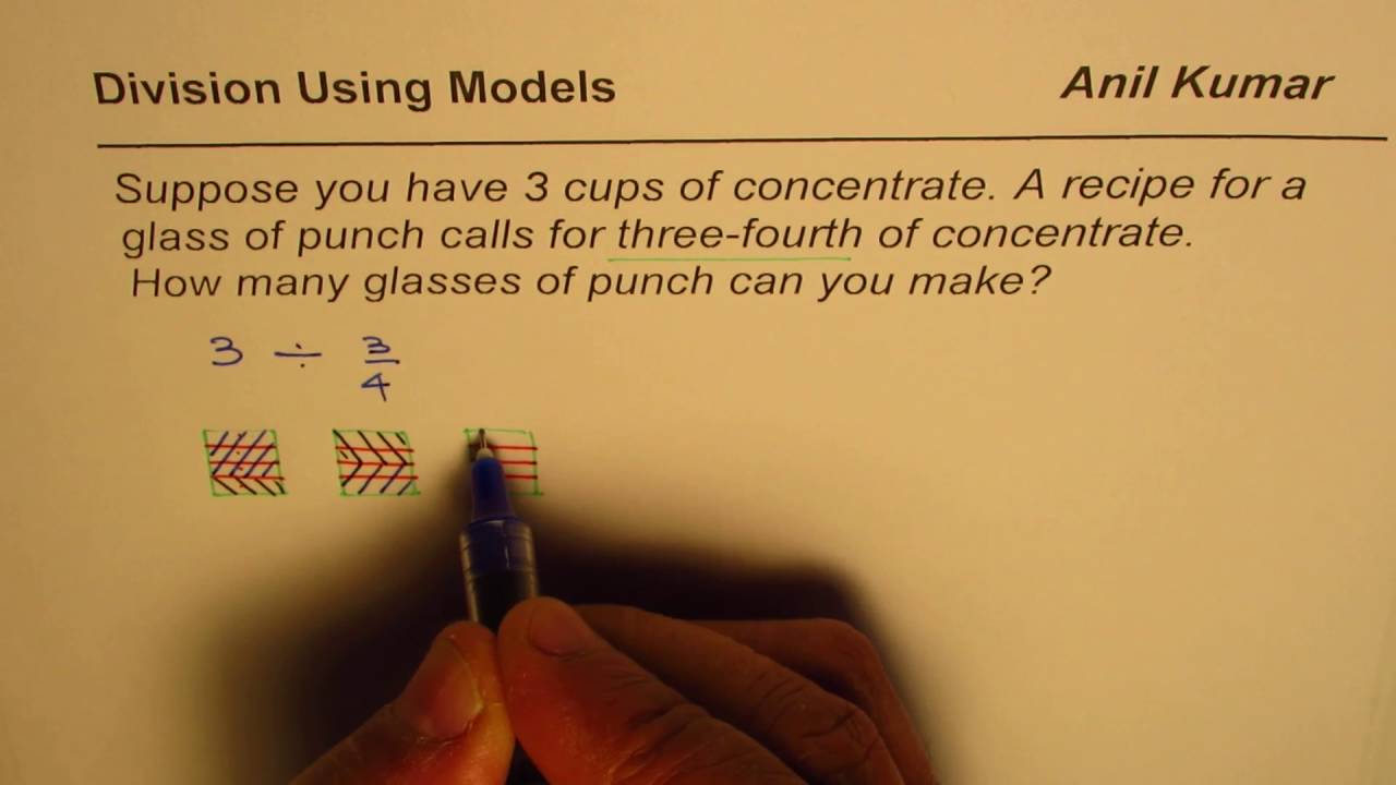 Number Line Model to Divide 3 Cups Concentrate  in three fourths recipe