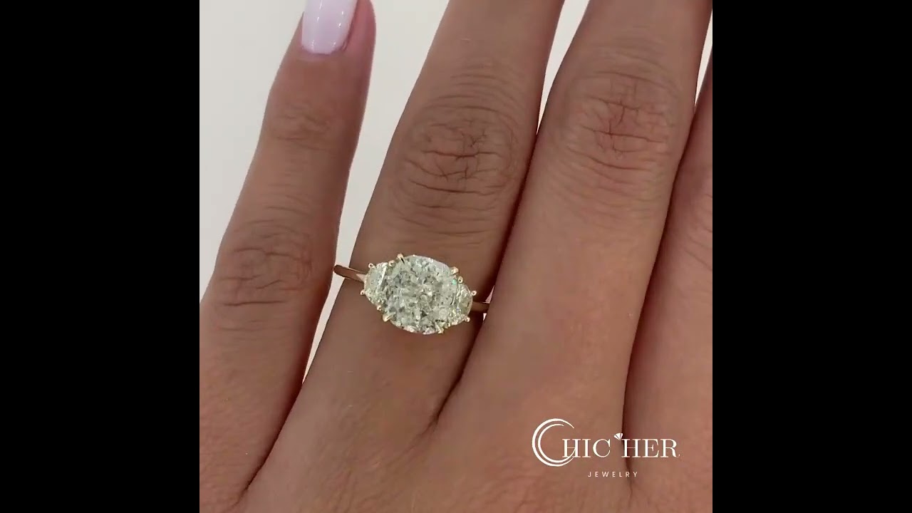 4ct Cushion Cut White Sapphire Engagement Ring with 2 Half-moon Stones