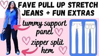 EXTRAS: TUMMY SUPPORT panel & ZIPPER SPLIT HEM. Mountain View stretch pull up jeans. Itch to Stitch.