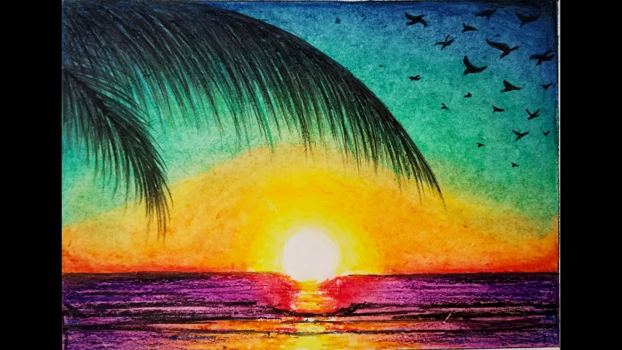 Sunset Scenery with Oil Pastels Seascape Scenery drawing for
