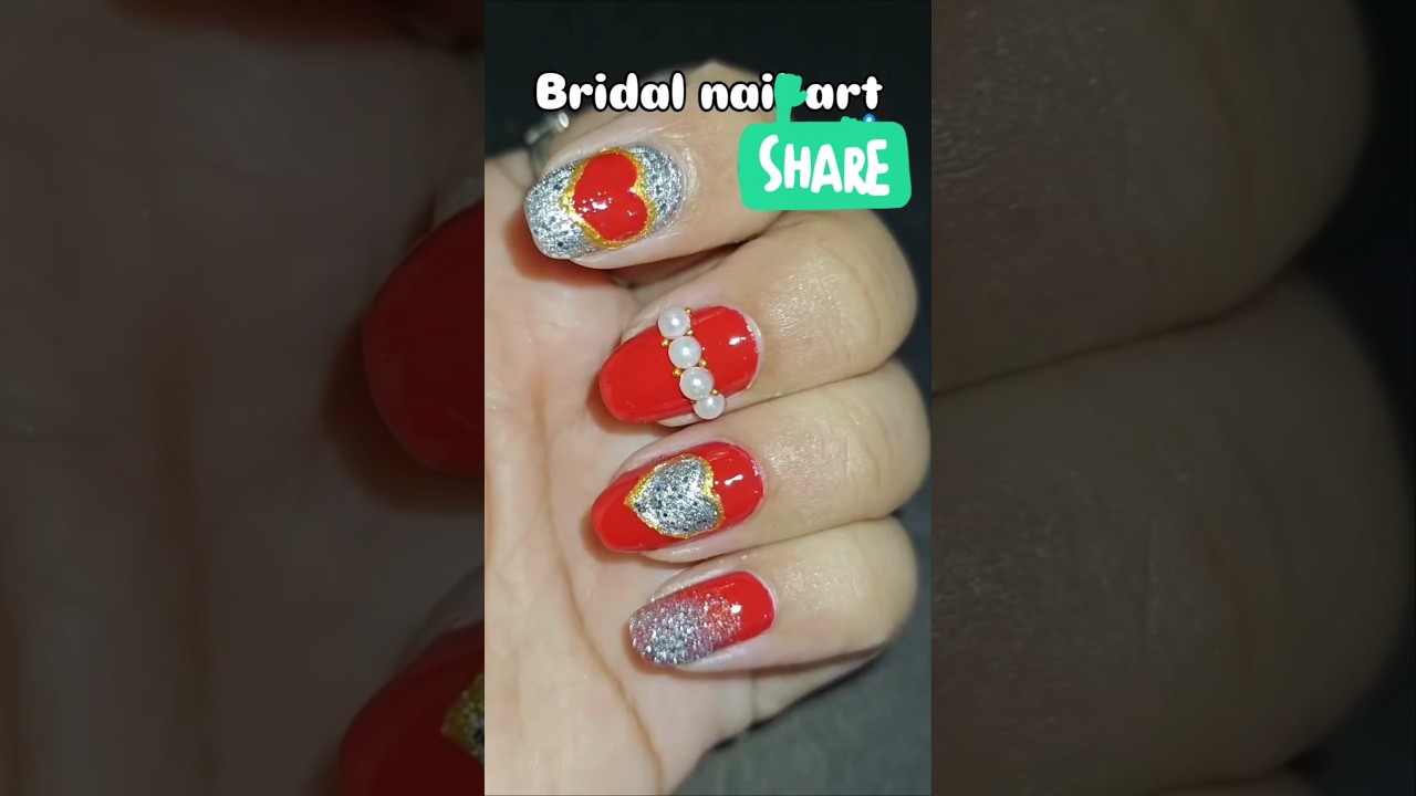 Bridal Nail Art Design 💅 Heart + Pearl Look 😍 