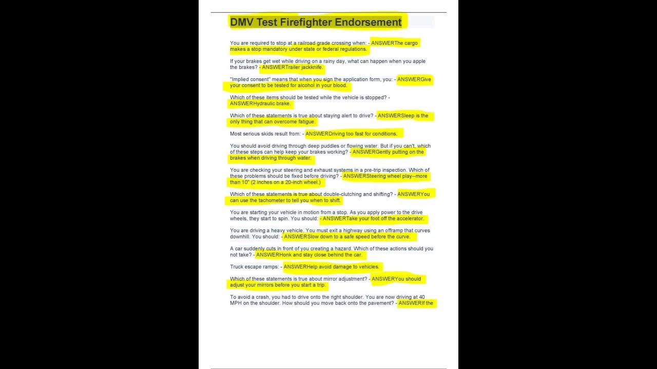 Dmv test firefighter endorsement 2023 questions and answers graded a 