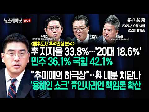[9/14 월 LIVE] 李지지율 33.8%…민주 36.1% 국힘 42.1%+"추미애의 하극상"‥與 내분 치닫나 [이동재의 뉴스캐비닛]