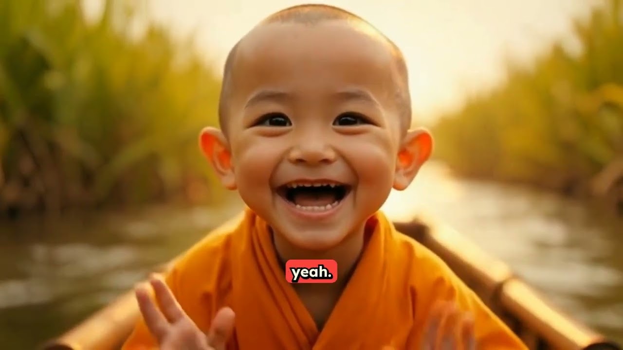 Carefree life: Baby monk and bamboo boat on the Yangtze
