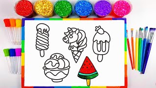 Rainbow Glitter Painting Ice cream- Coloring pages for toddlers- Making stickers