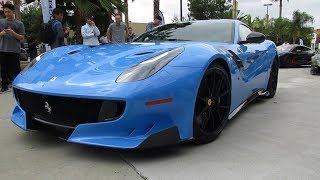 A blue 2017 ferrari f12 tdf, one of 799 tdf's being built, arriving at
and leaving cars chronos hing wa lee plaza. (september 16, / walnut,
ca)