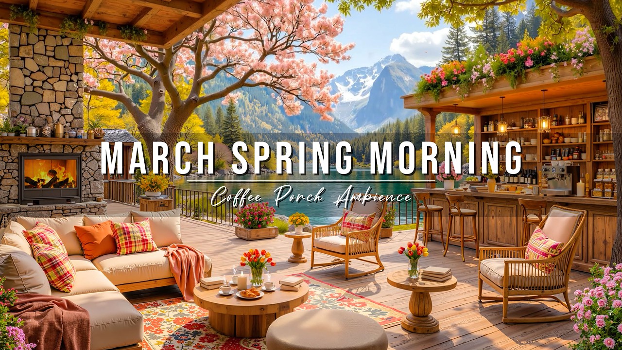 Sweet March Spring Morning 🌸 Cozy Lakeside Coffee Porch Ambience & Smooth Jazz Music for Work, Relax