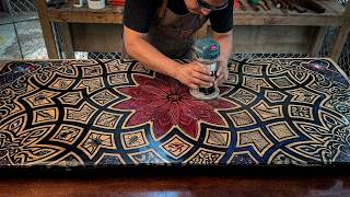 Handcrafted Woodworking Masterpiece: An Artistic Coffee Table with Intricate Hand-Carved Patterns