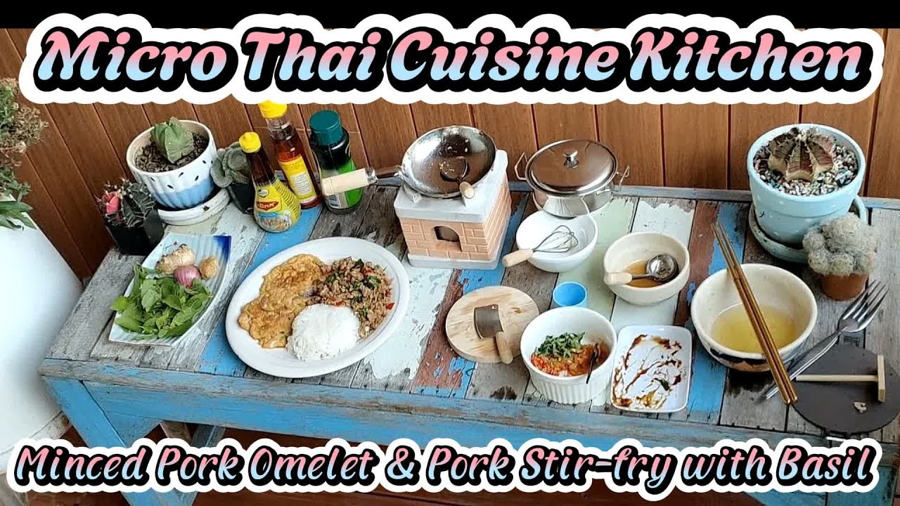 Miniature Thai Street Food: Cooking Micro Minced Pork Omelet & Basil Pork over Rice