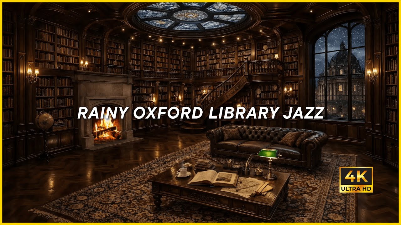 RAINY OXFORD LIBRARY JAZZ (4K) | Cozy Oxford Library Rain Night for Study, Relaxation and Sleep