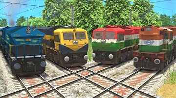 4 Trains Crossing Each Other on Bumpy Railroad Tracks - Trains Crossing Indian Railways | Train Sim