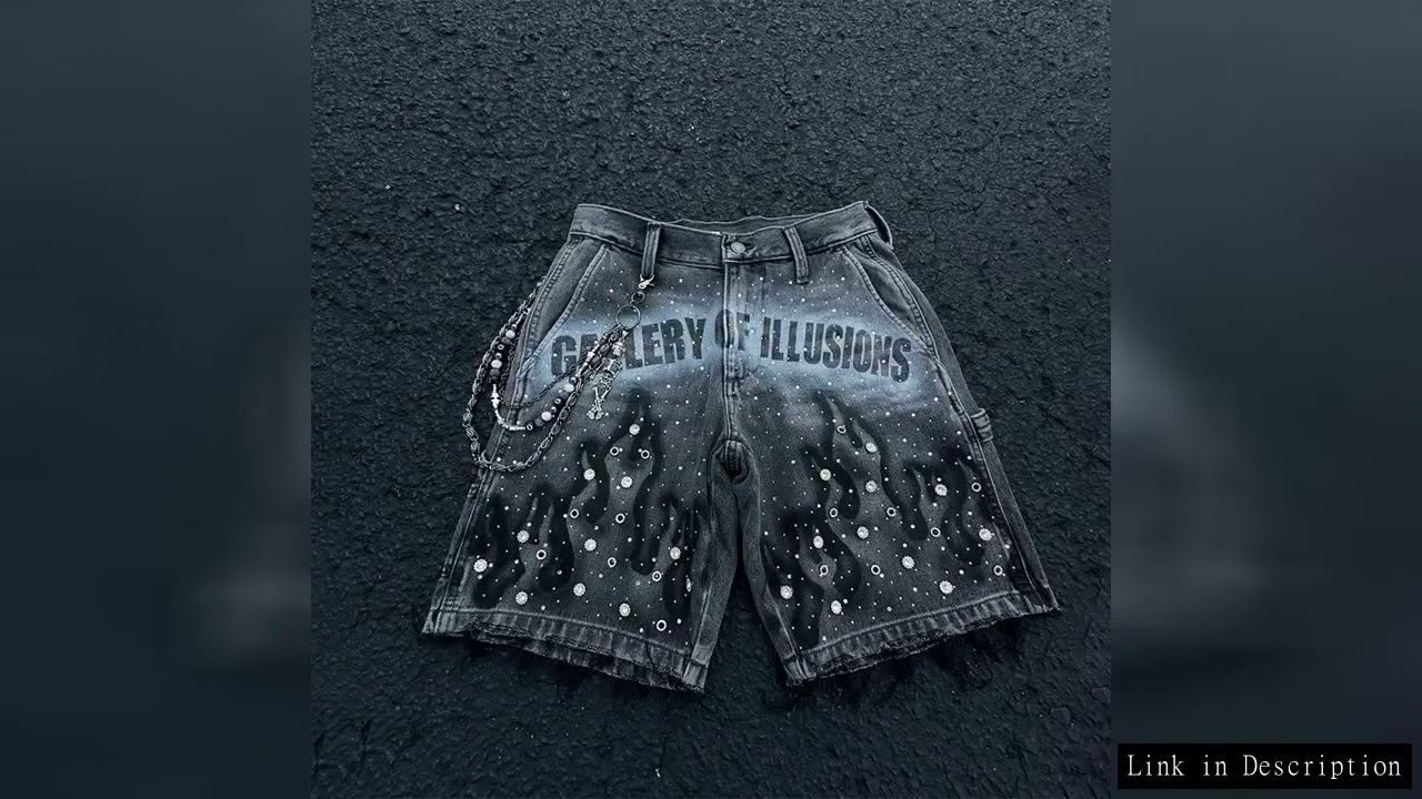 Y2K Fashion Distressed Jeans Retro Rhinestone Flame Pattern Printing Casual Washed Denim Shorts Men
