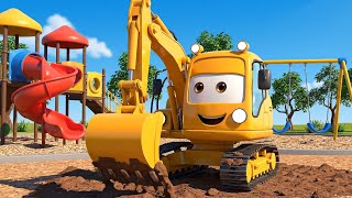 Learn Construction Vehicles 🚧 Mighty Machines Build a Park | The Wheels on the Bus Melody