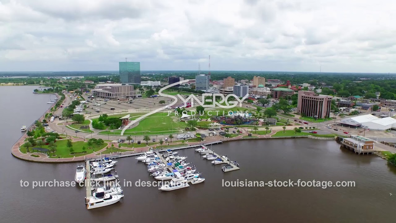 118 Awesome Lakes Charles waterfront skyline drone aerial video stock