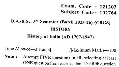 Gndu BA 3rd Semester History Question Paper | Ba 3rd Semester History Question Paper 2024