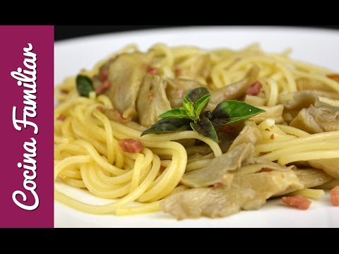 Espaguetis con champiñones y jamón. Receta muy fácil y rica de pasta