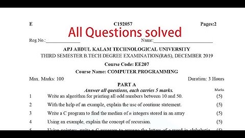 Kerala Technological University (APJAKTU)EE207 Computer Programming solved Dec 2019 Same as EST 102