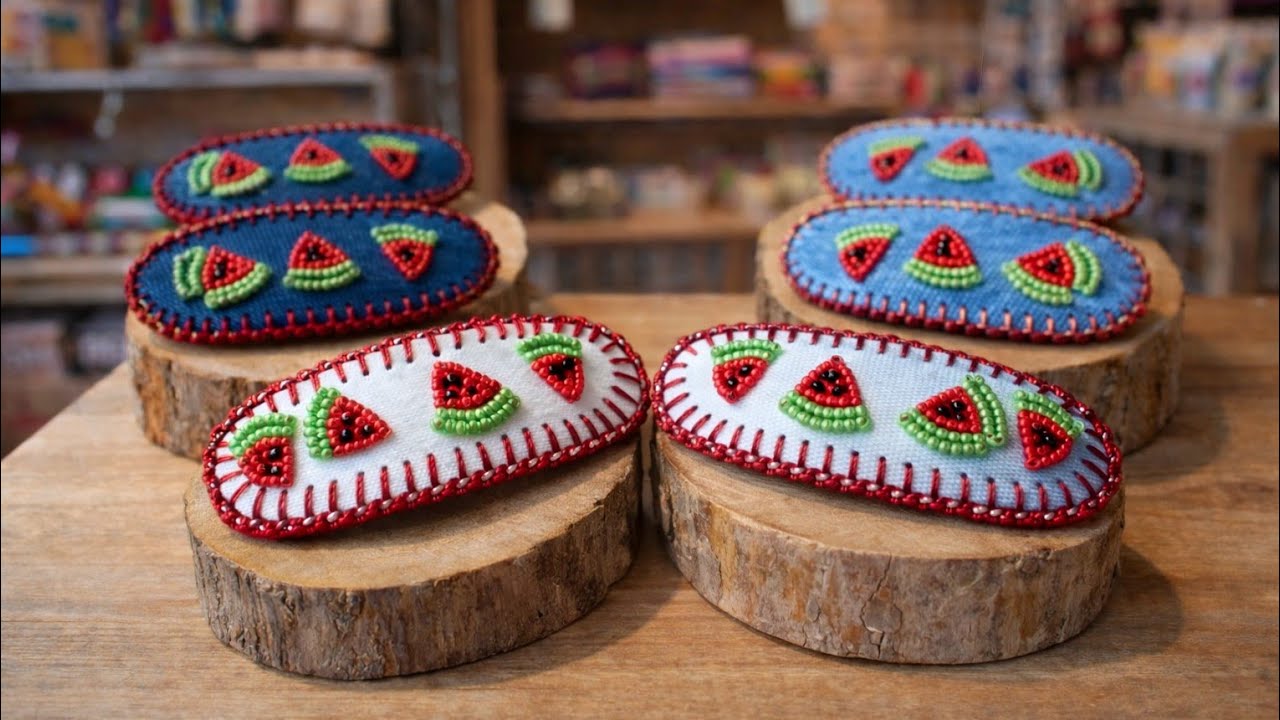 Белые джинсовые заколки для волос ♻️🍉 Арбузы, вышитые бисером | Простой и креативный способ сдела...