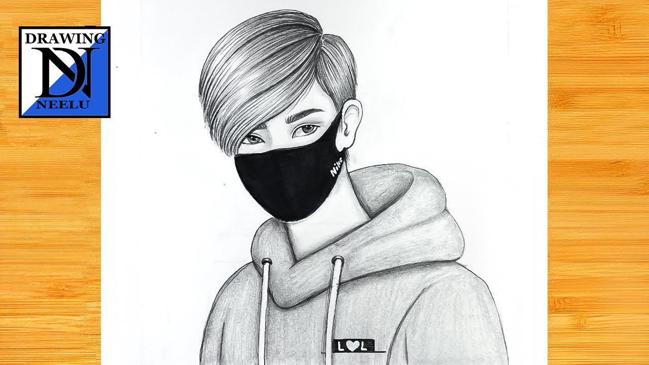 How to draw a Boy with Mask, Pencil sketch for beginner, Boy drawing