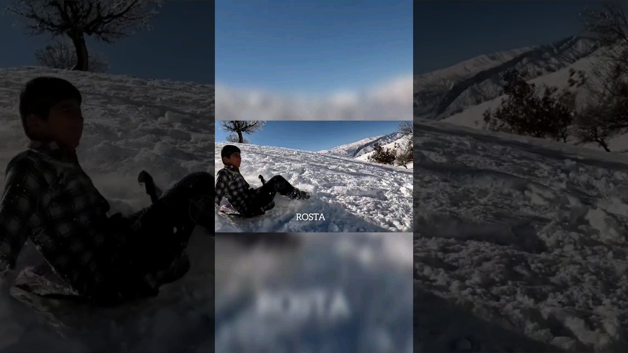 Village children skiing on snow 