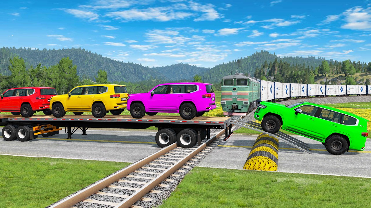 Flatbed Trailer McQueen Transportation with Truck - Speedbumps vs Cars vs Train - BeamNG.Drive #4