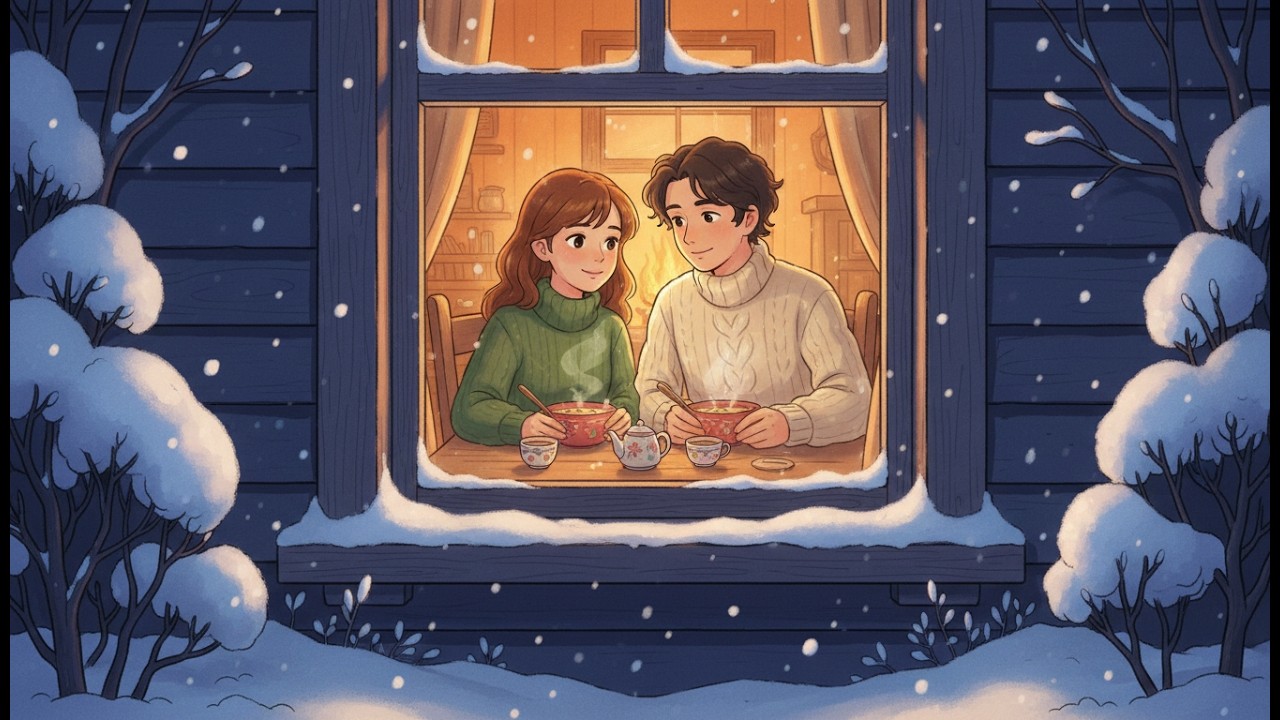 First Snowfall Cottage Evening  ❄️ Warm Soup, Soft Fireplace, Quiet Love | Ghibli-Style ASMR