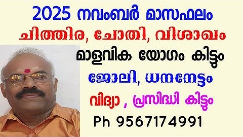 2025 നവംബർ മാസഫലം - ചിത്തിര, ചോതി, വിശാഖം - കുതിച്ചുയരും.ധനംകിട്ടും.