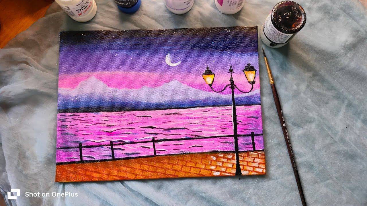 Easy Blue Pink Sunset Painting Tutorial For Beginners 🖌️ | Step By Step ...