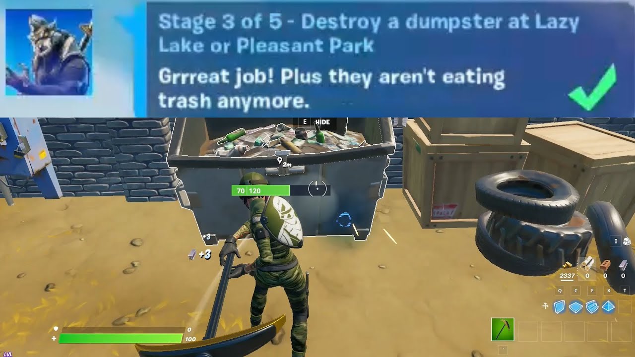 Destroy a dumpster at Lazy Lake or Pleasant Park - Fortnite