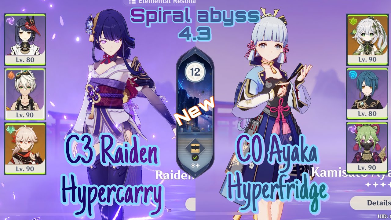 C3 Raiden hypercarry & C0 Ayaka hyperfridge - New spiral abyss 4.3 Floor 12 | Genshin impact