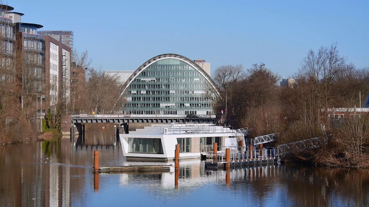 Hamburg, Hammerbrook, Hochwasserbassin, Hausboote, Berliner Bogen - Full HD (1080p) Videobild