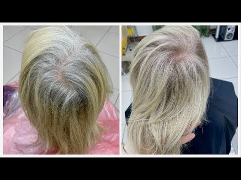 Окрашивание отросших седых волос в блондин, оттенок 9.13 пепельно золотистый блондин