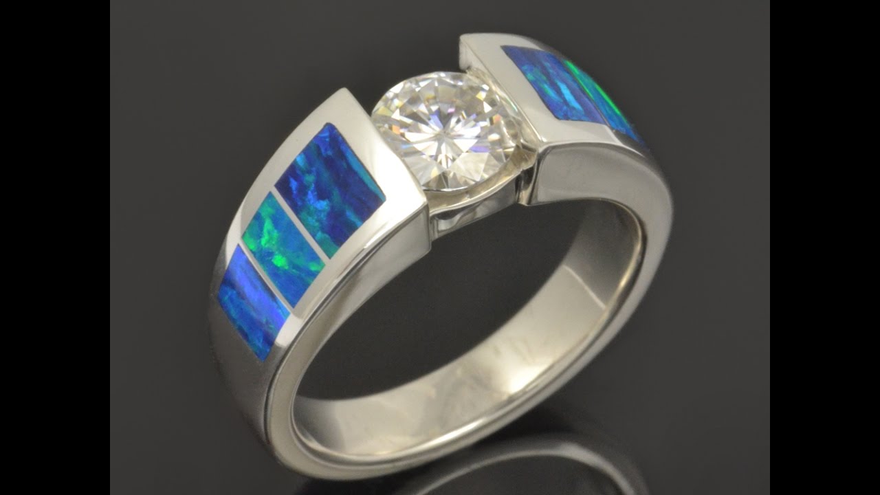 Moissanite and Lab Opal Engagement Ring