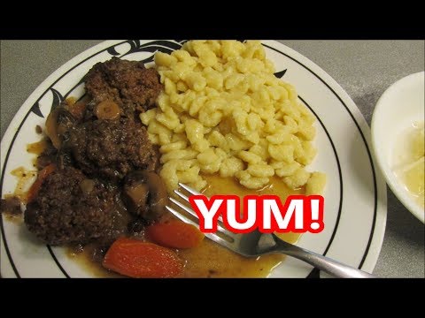 Sauerbraten Meatballs w Swiss cheese Spätzle and Sauerkraut