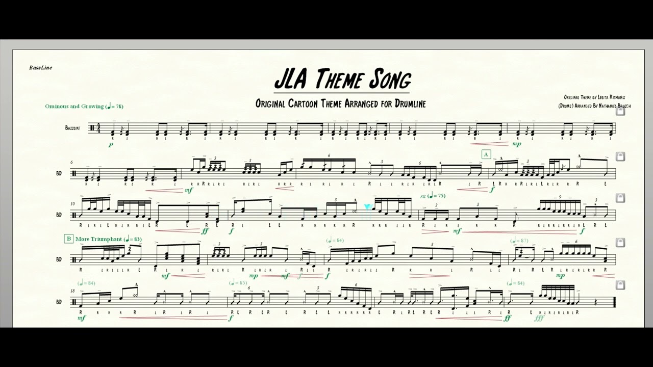 JLA (Animated) Theme Song - Drumline Arrangement (( Bassline Only ))