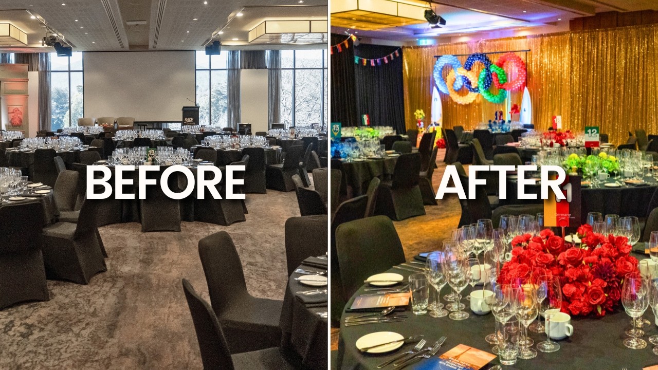 Olympic Themed Corporate Event TRANSFORMATION!!! Melbourne Event decorators RACV Club Healesville