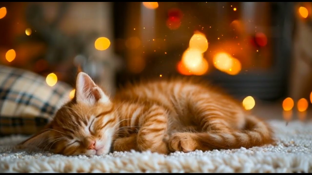Cozy Fireplace Evening: A Sleeping Ginger Kitten on a Blanket