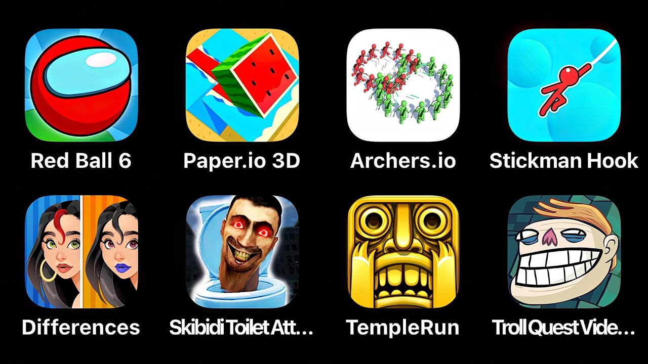 Red Ball 6, Paper.io 3D, Archers.io, Stickman Hook, Differences, Skibidi Toilet Attack, Temple Run