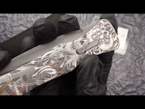 Chuck Gedraitis Custom Large Auto Dagger Vegas Forge Herringbone SS Damascus Engraved By Jody Muller