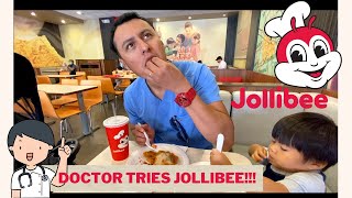 Doctor / Husband Tries: Jollibee Filipino Fast Food: Chicken Joy /Palabok/ PeachMango Pie! Mukbang!