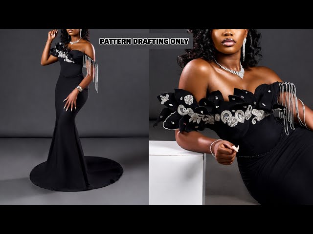 off the shoulder mermaid dress pattern I'd love to make this banded off the shoulder, fish tail flounce dress for  a wedding, I'm hunting for advice for pattern suggestions or whether to  have a go at self drafting