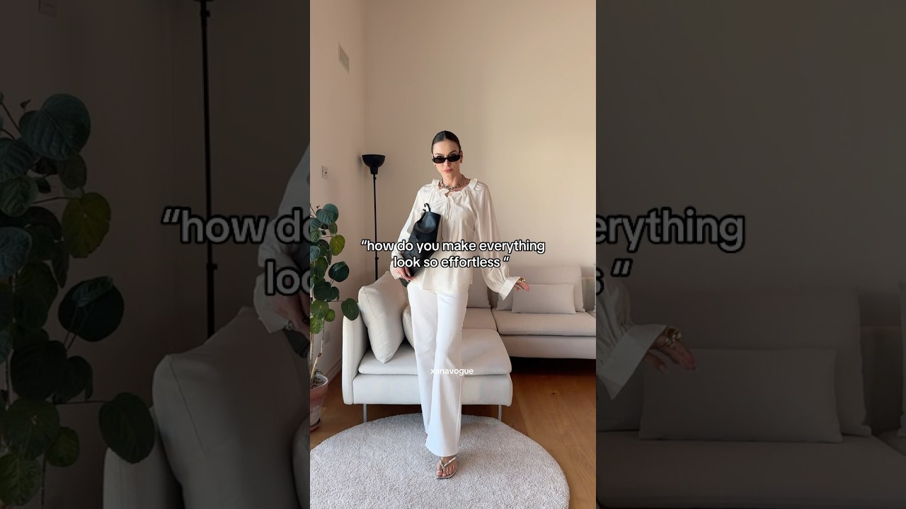 White ruffle-collar blouse + Harper high rise wide leg jeans 🤍 