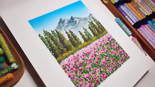 Oil Pastel landscape #60 / How to Paint Forest Nature for Beginners _ Healing ASMR Drawing